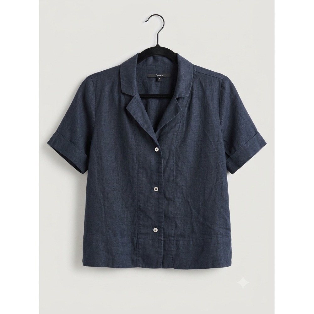 Quince 100% European Linen Short Sleeve Button Down Shirt Navy Blue Small